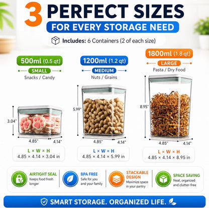 Airtight Food Storage Containers with Lids – 6 Pack BPA-Free Pop Containers for Pantry Organization, Cereal, Flour, Rice, Sugar – Stackable Kitchen Canisters (0.5, 1.2, 1.8 Qt) Set of 6