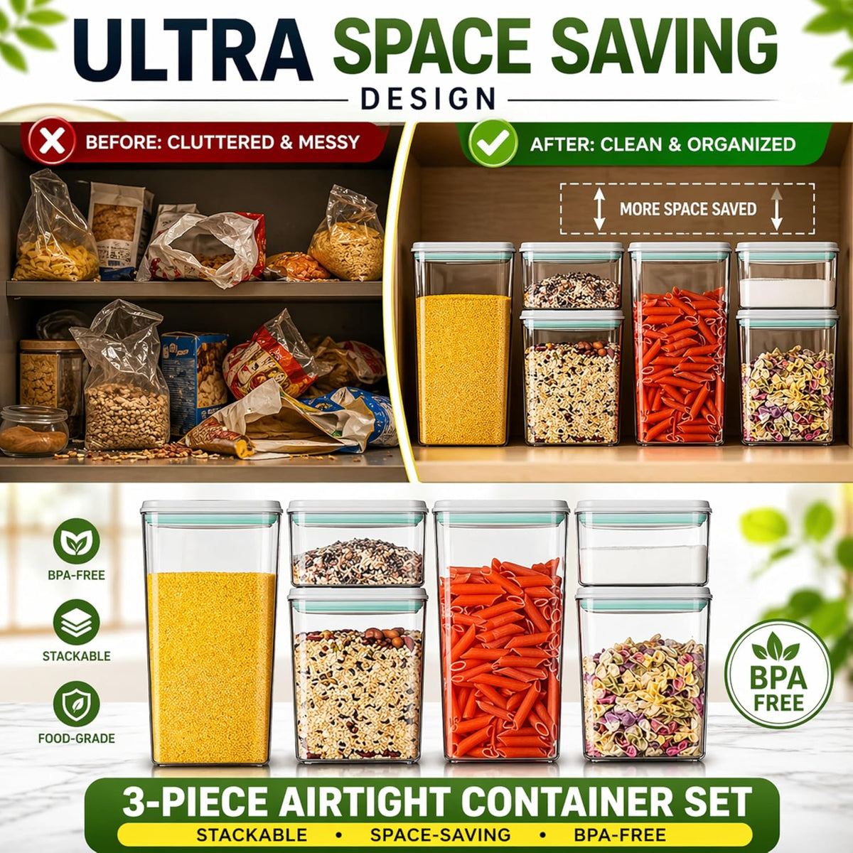 Airtight Food Storage Containers with Lids – 6 Pack BPA-Free Pop Containers for Pantry Organization, Cereal, Flour, Rice, Sugar – Stackable Kitchen Canisters (0.5, 1.2, 1.8 Qt) Set of 6