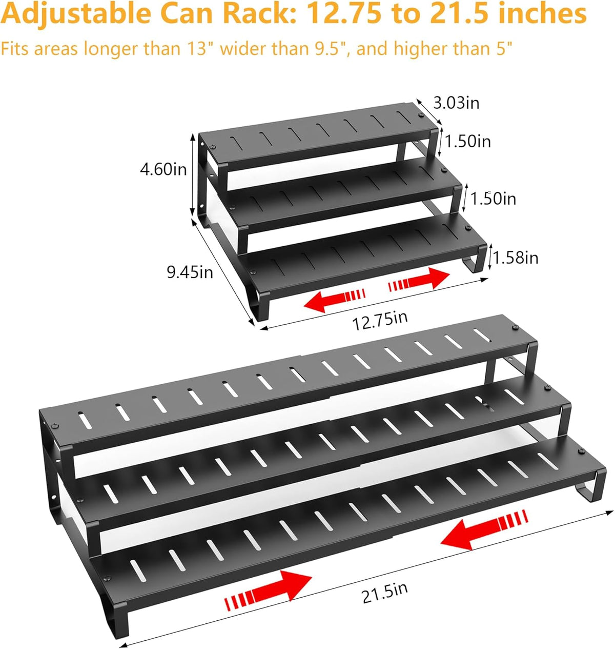 3 Tier Expandable Can Rack Organizer for Pantry, Adjustable 13"-21" Metal Soda Can Organizer, Pantry Organization Canned Food Storage Holder for Kitchen Cabinet Countertop, Black 1Pack