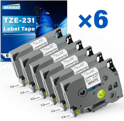 TZE-231 Label Maker Tape 12mm 0.47 Laminated Black on White Replacement for TZ TZE TZE231 1/2" x 8m Tape Cassette for Ptouch PT-D220 PTD220 D220 PT-D210 PTD210 PT-H110 PT-D200 PT-D400 D410 (6 Packs)