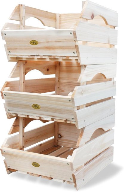 Wood Potato Onion Storage Bins - Wooden Stackable Produce Basket - Fruit Vegetable Storage for Kitchen Pantry Organization, Set 3 Pieces