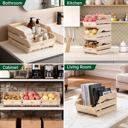 Wood Potato Onion Storage Bins - Wooden Stackable Produce Basket - Fruit Vegetable Storage for Kitchen Pantry Organization, Set 3 Pieces