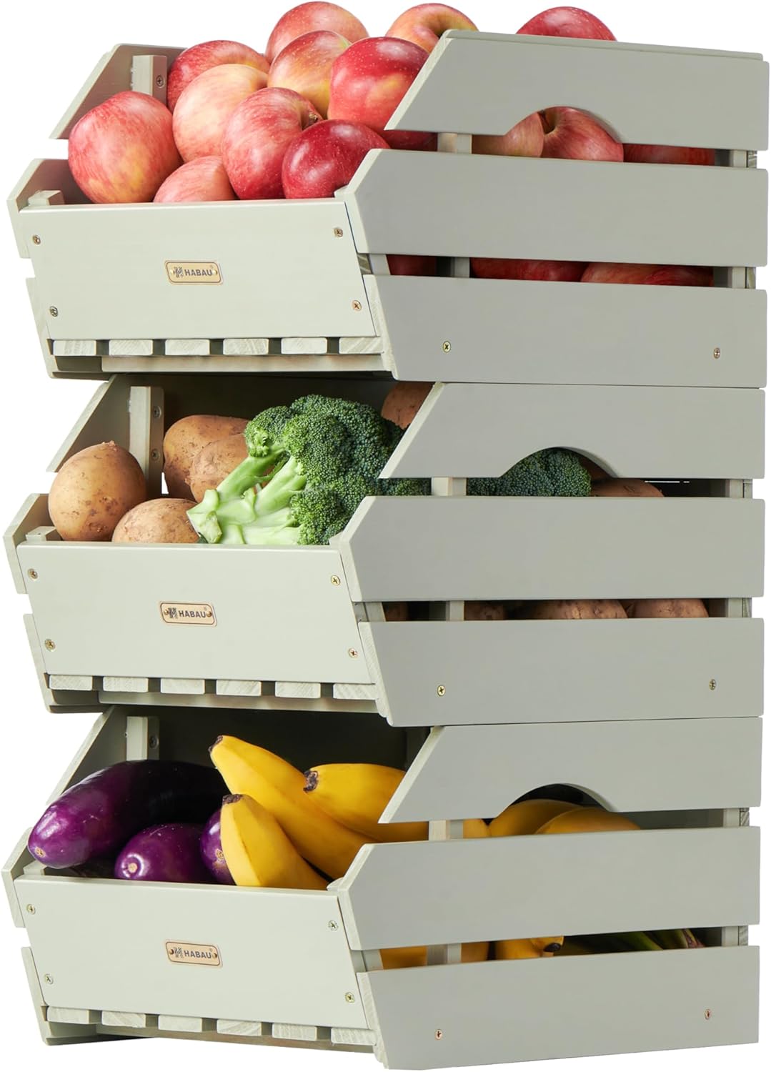 Wood Potato Onion Storage Bins - Wooden Stackable Produce Basket - Fruit Vegetable Storage for Kitchen Pantry Organization, Set 3 Pieces