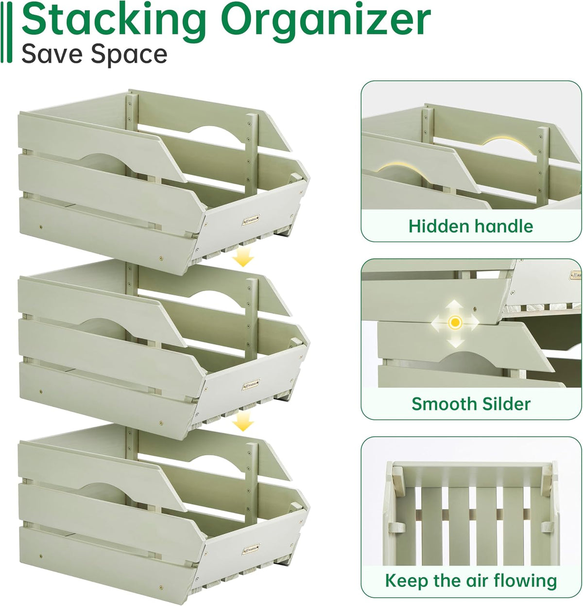 Wood Potato Onion Storage Bins - Wooden Stackable Produce Basket - Fruit Vegetable Storage for Kitchen Pantry Organization, Set 3 Pieces