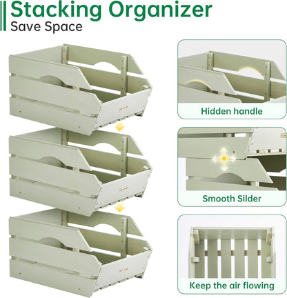 Wood Potato Onion Storage Bins - Wooden Stackable Produce Basket - Fruit Vegetable Storage for Kitchen Pantry Organization, Set 3 Pieces