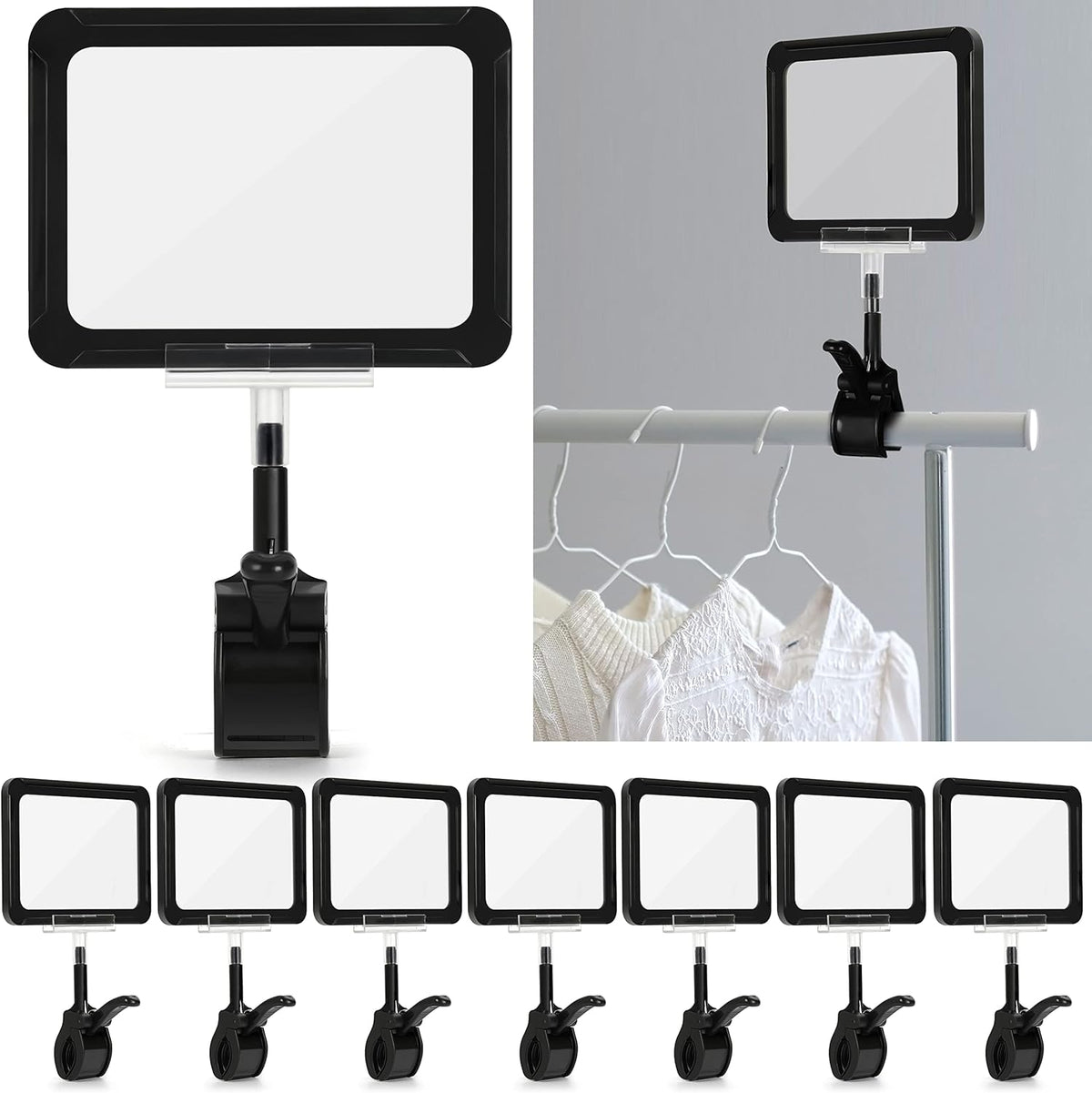 Sign Clips Merchandise Sign, Plastic Adjustable Clip Sign Holder Stand POP Clamp, 8 Pieces Clip-on Style Double Head Display Clips Rotating Swivel Sign Tag for Shelf Label Card
