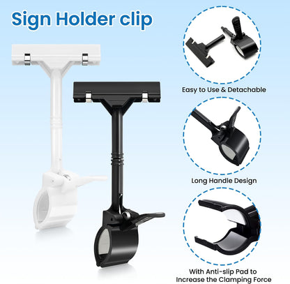 Sign Clips Merchandise Sign, Plastic Adjustable Clip Sign Holder Stand POP Clamp, 8 Pieces Clip-on Style Double Head Display Clips Rotating Swivel Sign Tag for Shelf Label Card