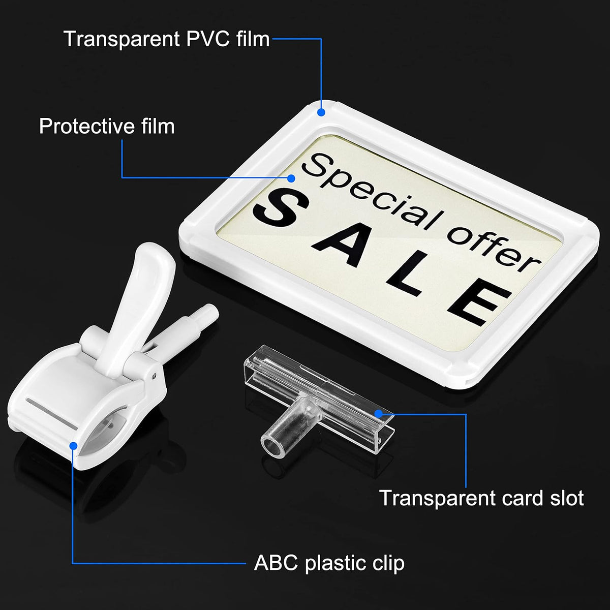 Sign Clips Merchandise Sign, Plastic Adjustable Clip Sign Holder Stand POP Clamp, 8 Pieces Clip-on Style Double Head Display Clips Rotating Swivel Sign Tag for Shelf Label Card