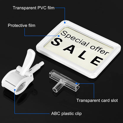 Sign Clips Merchandise Sign, Plastic Adjustable Clip Sign Holder Stand POP Clamp, 8 Pieces Clip-on Style Double Head Display Clips Rotating Swivel Sign Tag for Shelf Label Card