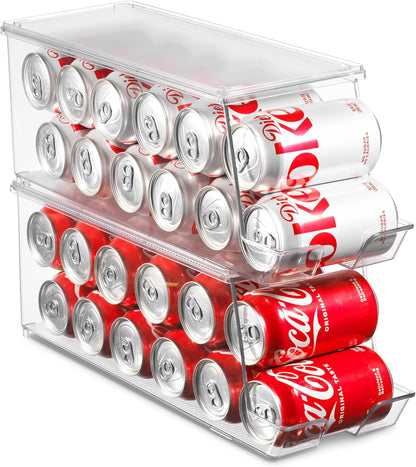 Set of 2 Stackable Refrigerator Organizer Bins Pop Soda Can Dispenser Beverage Holder for Fridge, Freezer, Kitchen, Countertops, Cabinets - Clear Plastic Canned Food Pantry Storage Rack Holds 12 Cans