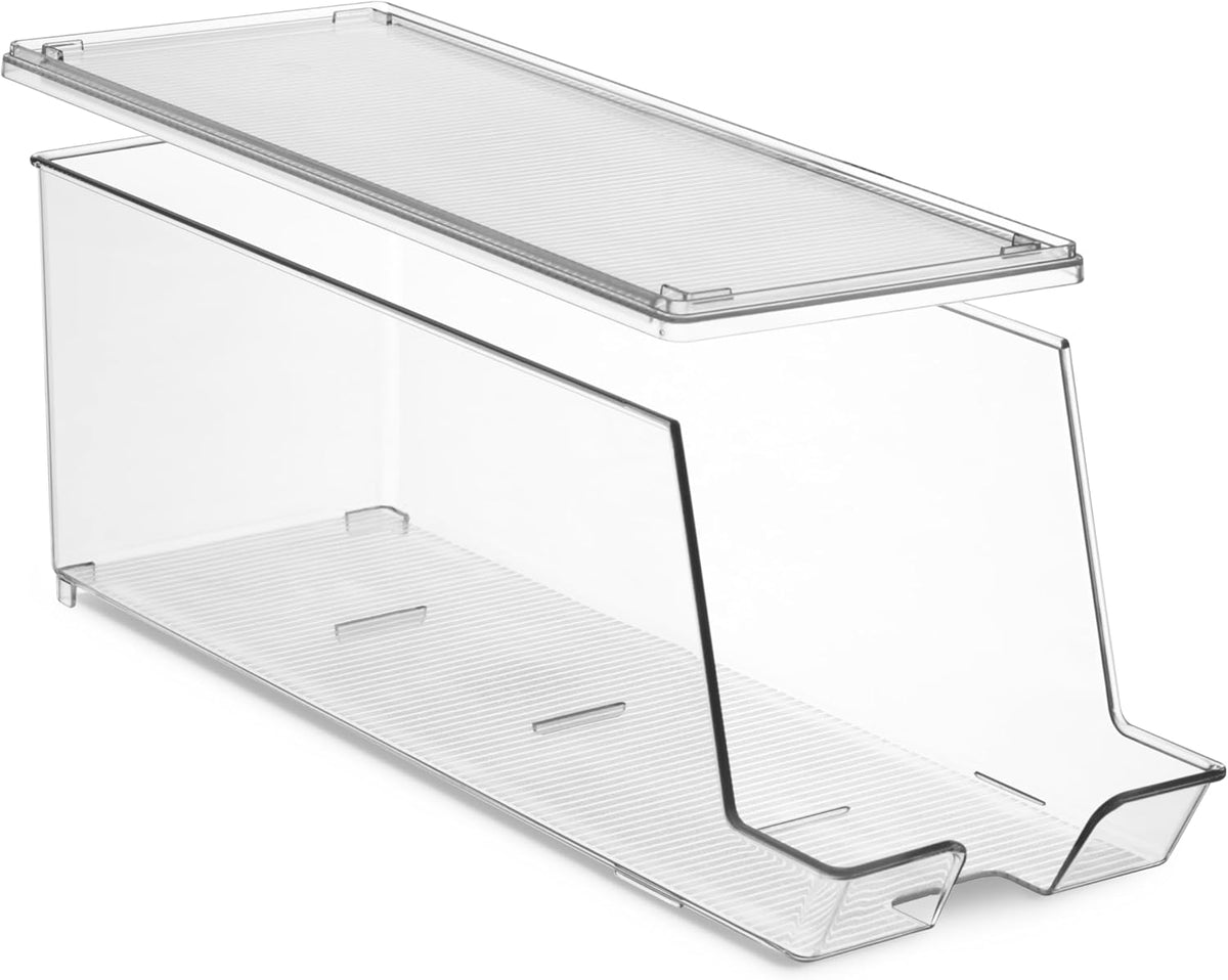 Set of 2 Stackable Refrigerator Organizer Bins Pop Soda Can Dispenser Beverage Holder for Fridge, Freezer, Kitchen, Countertops, Cabinets - Clear Plastic Canned Food Pantry Storage Rack Holds 12 Cans