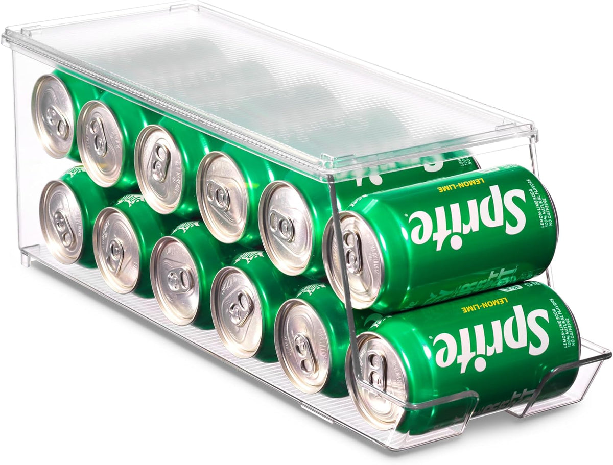 Set of 2 Stackable Refrigerator Organizer Bins Pop Soda Can Dispenser Beverage Holder for Fridge, Freezer, Kitchen, Countertops, Cabinets - Clear Plastic Canned Food Pantry Storage Rack Holds 12 Cans