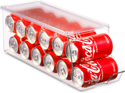 Set of 2 Stackable Refrigerator Organizer Bins Pop Soda Can Dispenser Beverage Holder for Fridge, Freezer, Kitchen, Countertops, Cabinets - Clear Plastic Canned Food Pantry Storage Rack Holds 12 Cans