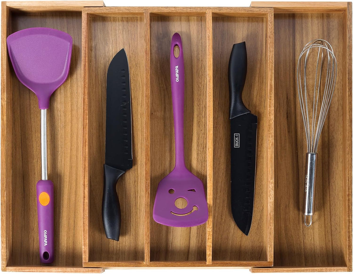 Bamboo Expandable Kitchen Drawer Organizer Silverware Utensil Tray | Cutlery Holder, Drawers Divider for Large Utensils, Flatware, Knives, Spatulas in Kitchen, Office, Adjustable 3-5 Slots