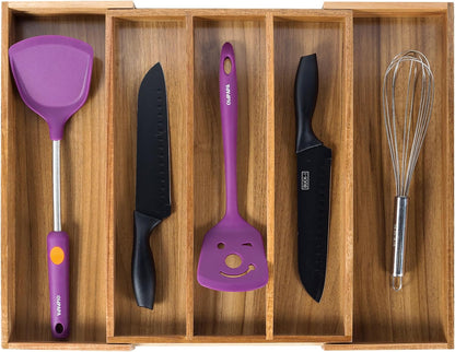 Bamboo Expandable Kitchen Drawer Organizer Silverware Utensil Tray | Cutlery Holder, Drawers Divider for Large Utensils, Flatware, Knives, Spatulas in Kitchen, Office, Adjustable 3-5 Slots