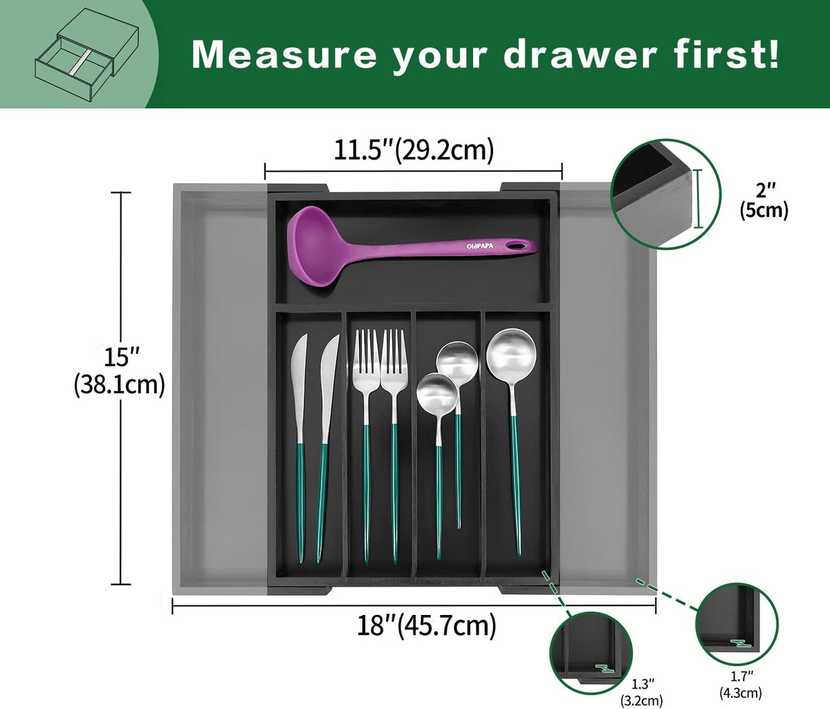 Bamboo Expandable Kitchen Drawer Organizer Silverware Utensil Tray | Cutlery Holder, Drawers Divider for Large Utensils, Flatware, Knives, Spatulas in Kitchen, Office, Adjustable 3-5 Slots