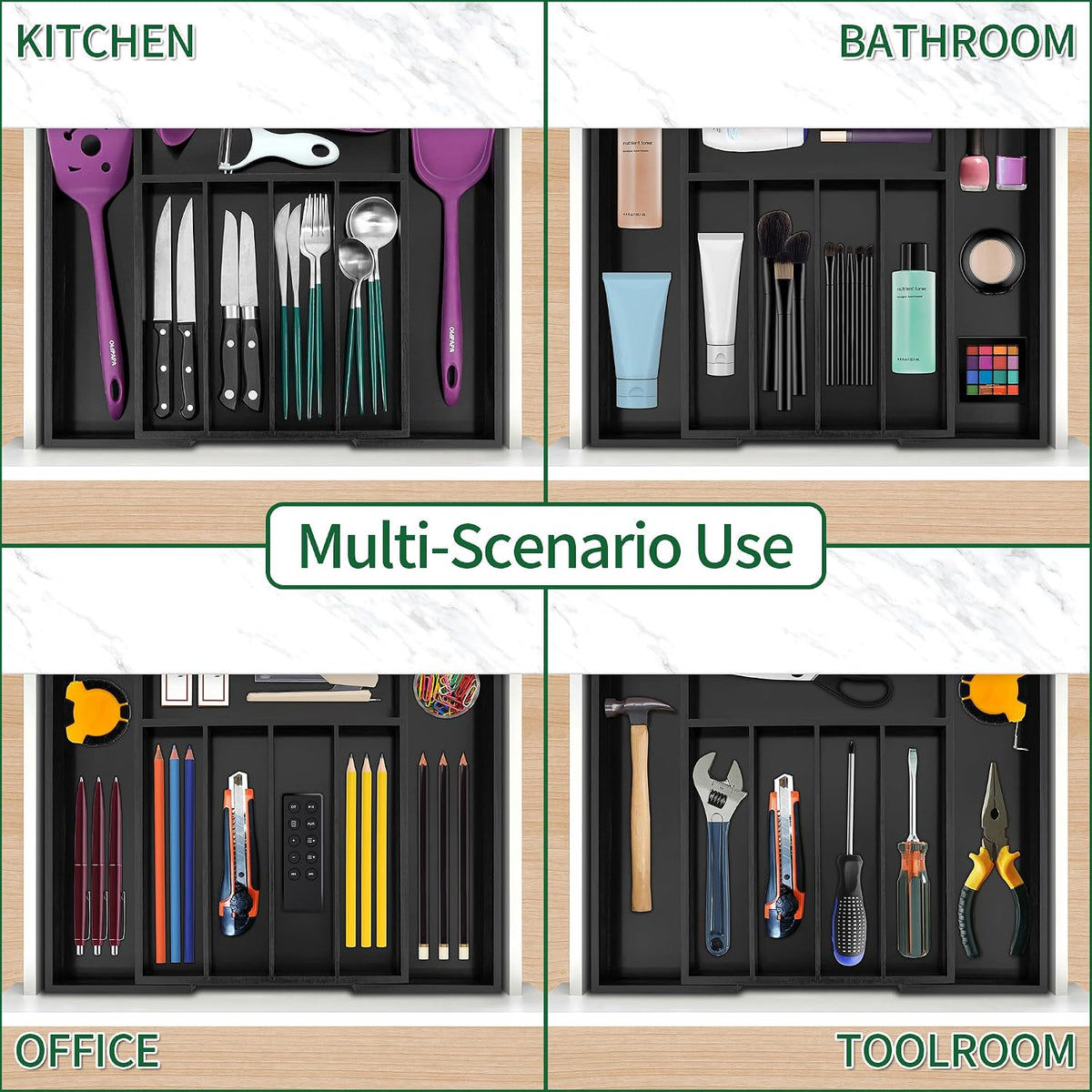 Bamboo Expandable Kitchen Drawer Organizer Silverware Utensil Tray | Cutlery Holder, Drawers Divider for Large Utensils, Flatware, Knives, Spatulas in Kitchen, Office, Adjustable 3-5 Slots