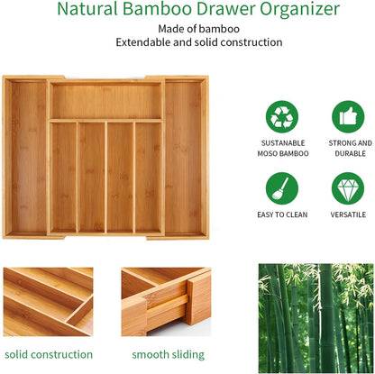 Bamboo Expandable Kitchen Drawer Organizer Silverware Utensil Tray | Cutlery Holder, Drawers Divider for Large Utensils, Flatware, Knives, Spatulas in Kitchen, Office, Adjustable 3-5 Slots