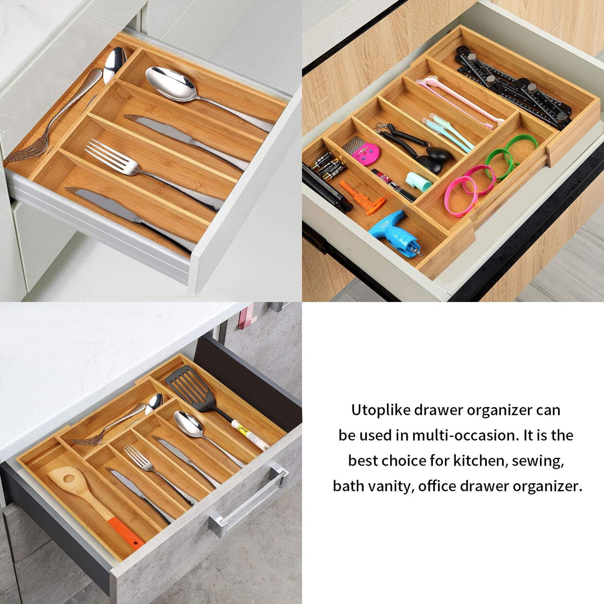 Bamboo Expandable Kitchen Drawer Organizer Silverware Utensil Tray | Cutlery Holder, Drawers Divider for Large Utensils, Flatware, Knives, Spatulas in Kitchen, Office, Adjustable 3-5 Slots