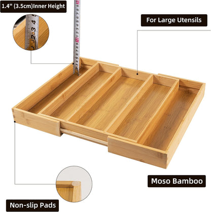 Bamboo Expandable Kitchen Drawer Organizer Silverware Utensil Tray | Cutlery Holder, Drawers Divider for Large Utensils, Flatware, Knives, Spatulas in Kitchen, Office, Adjustable 3-5 Slots