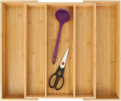 Bamboo Expandable Kitchen Drawer Organizer Silverware Utensil Tray | Cutlery Holder, Drawers Divider for Large Utensils, Flatware, Knives, Spatulas in Kitchen, Office, Adjustable 3-5 Slots