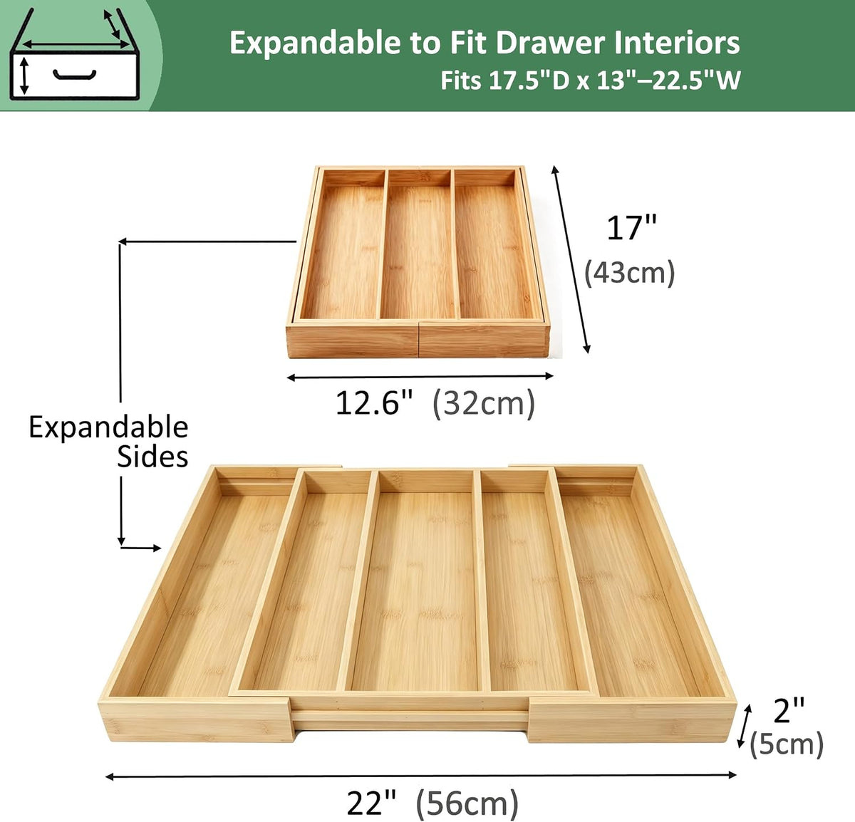 Bamboo Expandable Kitchen Drawer Organizer Silverware Utensil Tray | Cutlery Holder, Drawers Divider for Large Utensils, Flatware, Knives, Spatulas in Kitchen, Office, Adjustable 3-5 Slots