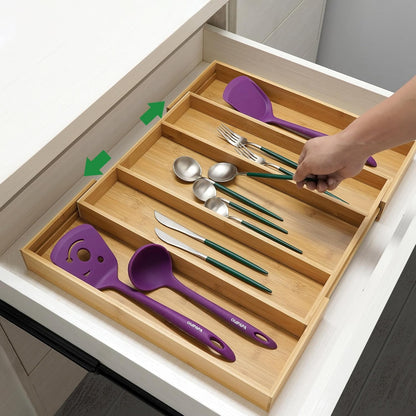 Bamboo Expandable Kitchen Drawer Organizer Silverware Utensil Tray | Cutlery Holder, Drawers Divider for Large Utensils, Flatware, Knives, Spatulas in Kitchen, Office, Adjustable 3-5 Slots