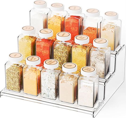 3 Tier Spice Shelf Organizer for Cabinet,Pantry,Clear Acrylic Spice Rack Organizer and Tiered Spice Rack & Holder,Step Shelves for Vitamin,Medicine Bottle,Jar,Can,Condiment,Seasoning Shelf