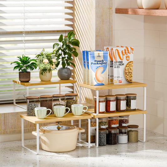 Kitchen Cabinet Organizer, Bamboo Spice Rack Organizer for Cabinet, Stackable & Expandable Counter Shelves, Set of 4, White and Natural