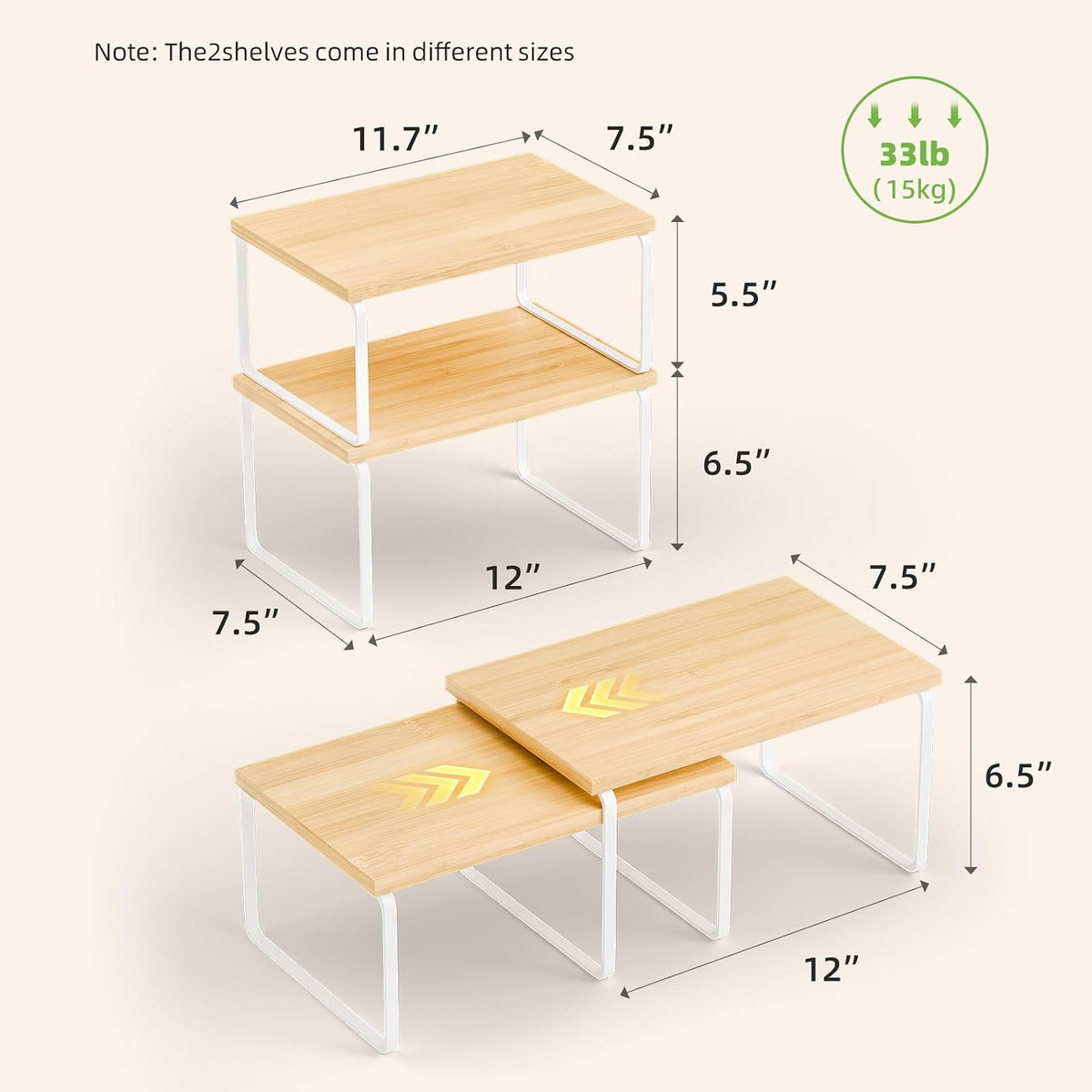 Kitchen Cabinet Organizer, Bamboo Spice Rack Organizer for Cabinet, Stackable & Expandable Counter Shelves, Set of 4, White and Natural