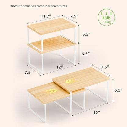 Kitchen Cabinet Organizer, Bamboo Spice Rack Organizer for Cabinet, Stackable & Expandable Counter Shelves, Set of 4, White and Natural