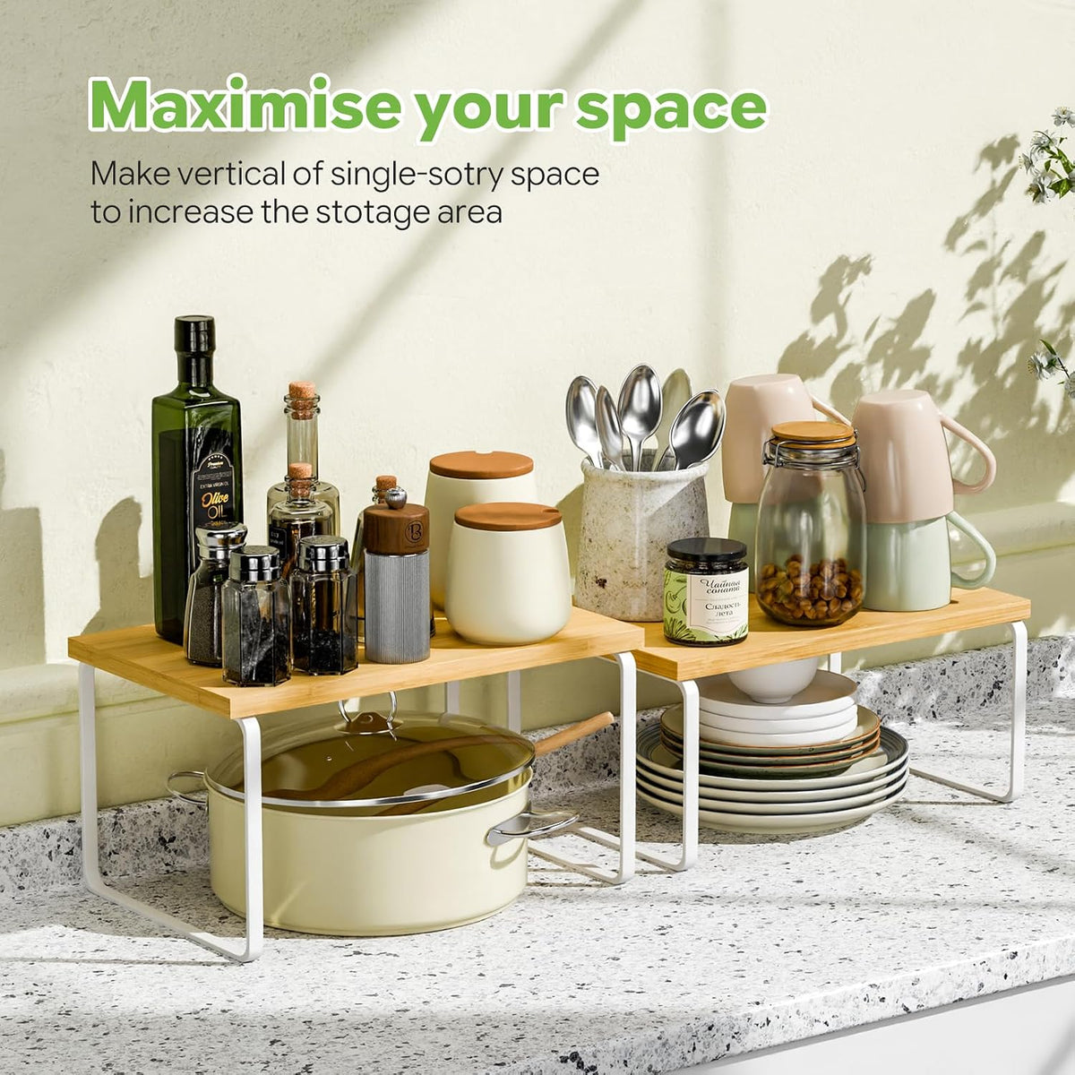 Kitchen Cabinet Organizer, Bamboo Spice Rack Organizer for Cabinet, Stackable & Expandable Counter Shelves, Set of 4, White and Natural