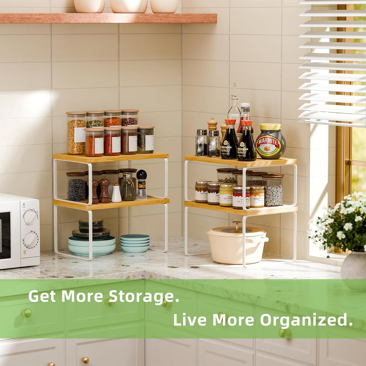 Kitchen Cabinet Organizer, Bamboo Spice Rack Organizer for Cabinet, Stackable & Expandable Counter Shelves, Set of 4, White and Natural