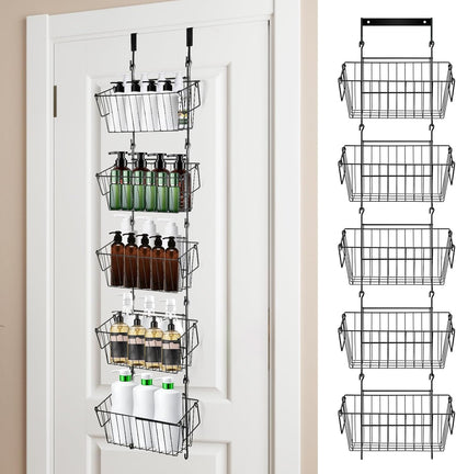Over The Door Organizer – 5 Removable Hanging Baskets, Back of Door Storage for Bathroom, Kitchen, Pantry & Garage, No Tools Needed, 3 Installation Methods (Wall/Door Mount) Black