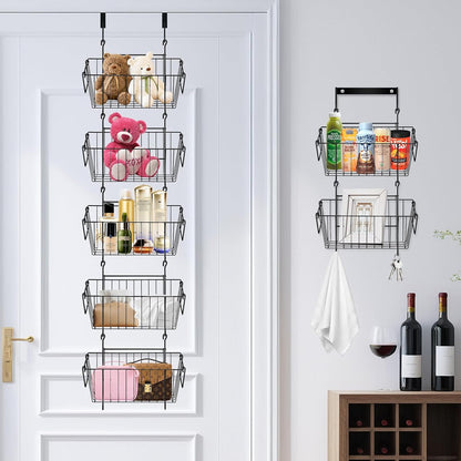 Over The Door Organizer – 5 Removable Hanging Baskets, Back of Door Storage for Bathroom, Kitchen, Pantry & Garage, No Tools Needed, 3 Installation Methods (Wall/Door Mount) Black