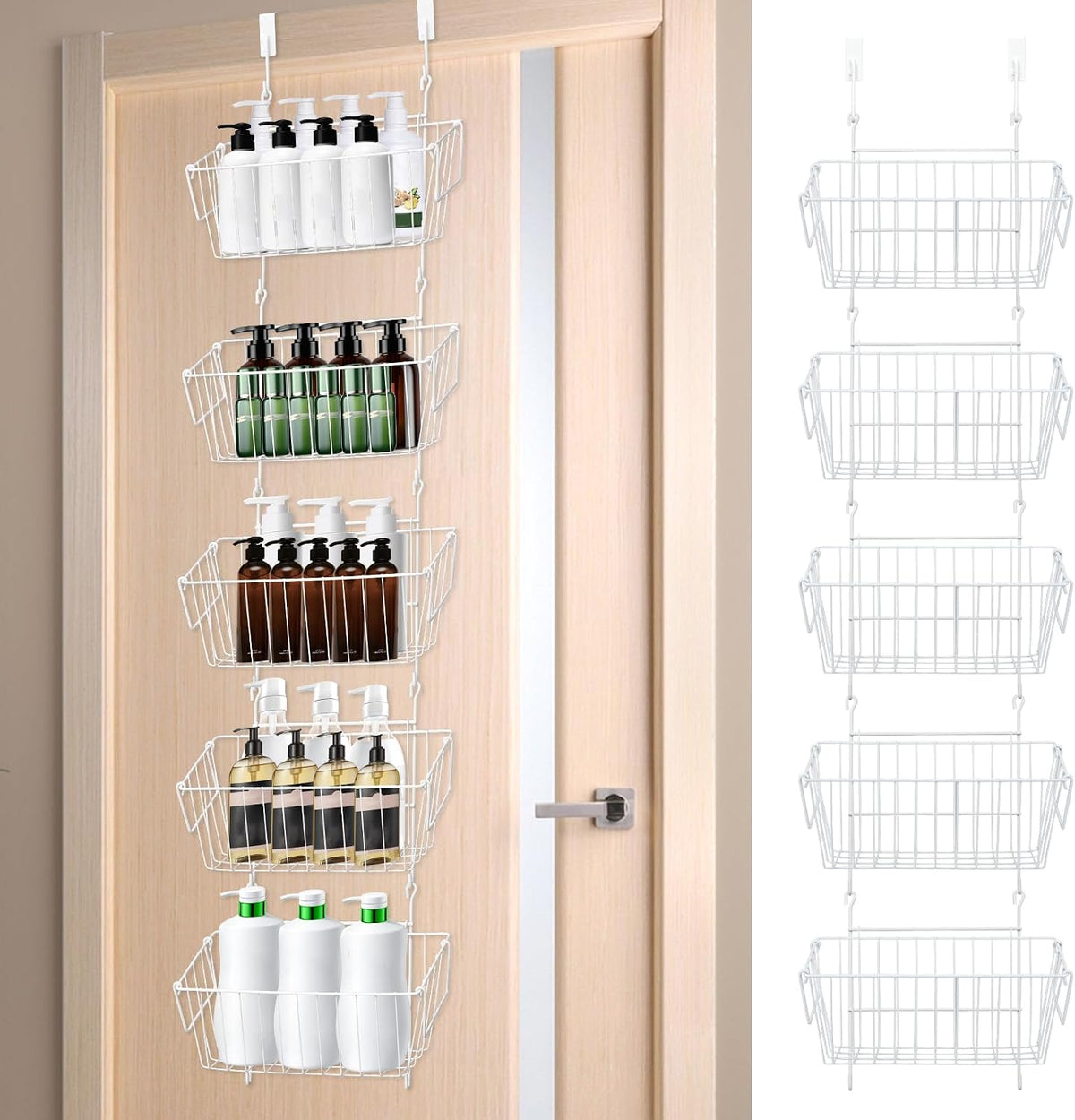 Over The Door Organizer – 5 Removable Hanging Baskets, Back of Door Storage for Bathroom, Kitchen, Pantry & Garage, No Tools Needed, 3 Installation Methods (Wall/Door Mount) Black