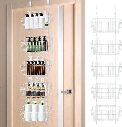 Over The Door Organizer – 5 Removable Hanging Baskets, Back of Door Storage for Bathroom, Kitchen, Pantry & Garage, No Tools Needed, 3 Installation Methods (Wall/Door Mount) Black