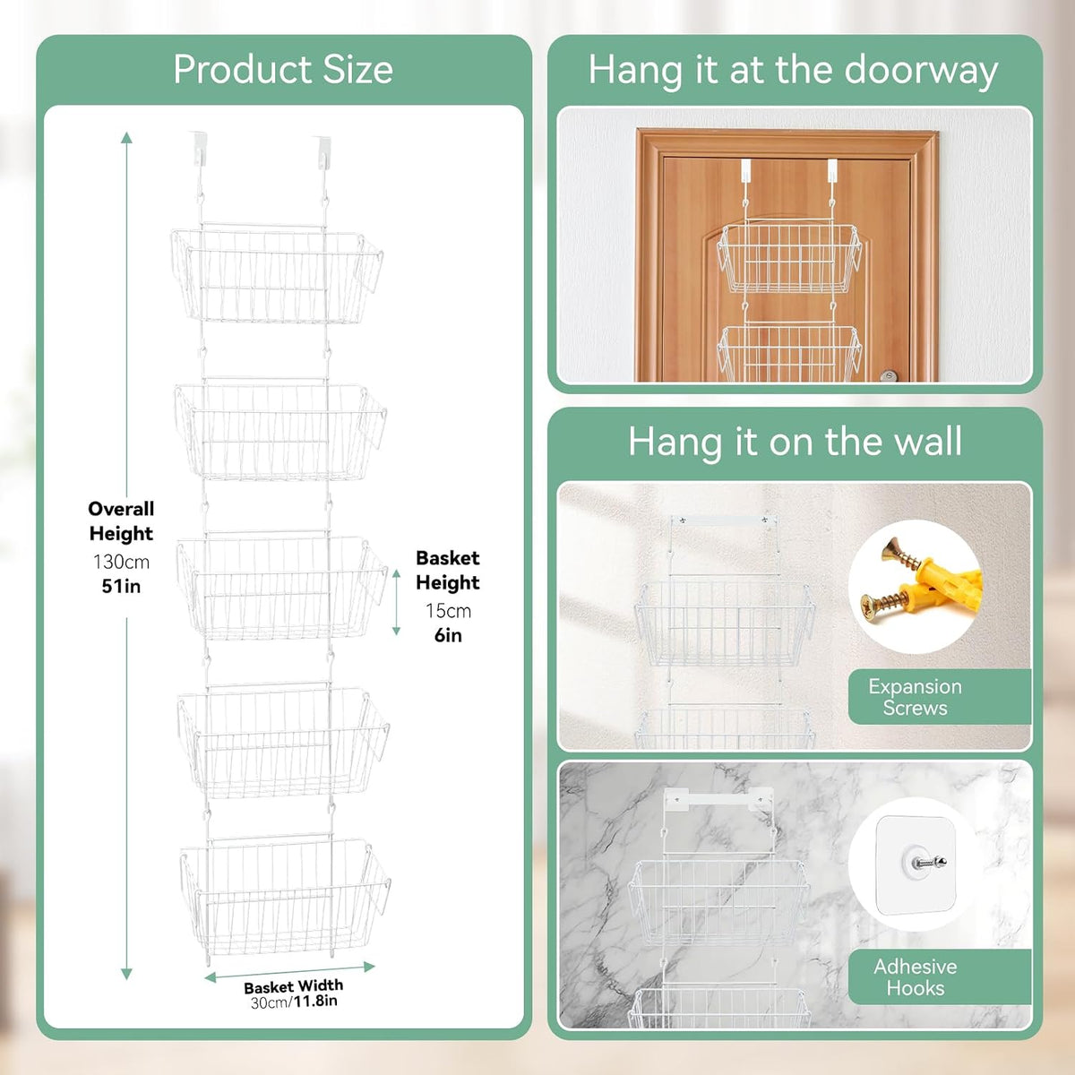Over The Door Organizer – 5 Removable Hanging Baskets, Back of Door Storage for Bathroom, Kitchen, Pantry & Garage, No Tools Needed, 3 Installation Methods (Wall/Door Mount) Black