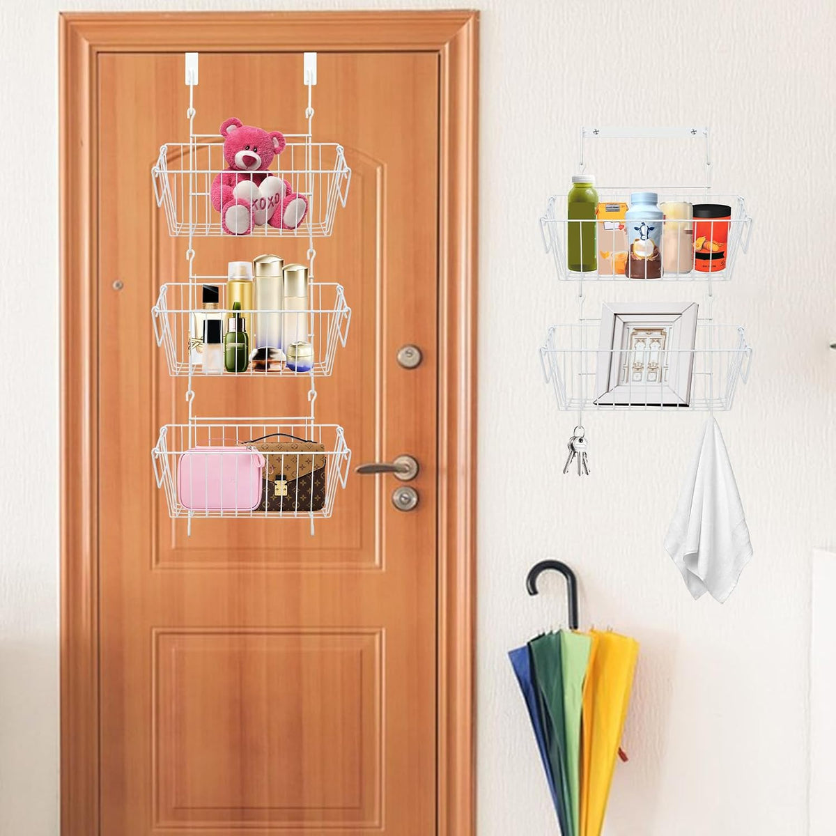 Over The Door Organizer – 5 Removable Hanging Baskets, Back of Door Storage for Bathroom, Kitchen, Pantry & Garage, No Tools Needed, 3 Installation Methods (Wall/Door Mount) Black