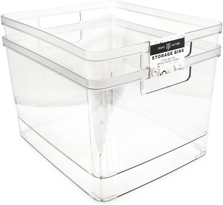 2-Pack Extra-Large Clear Storage Bins (11.5” L x 14” W x 9” H) w/Cutout Handles, Plastic Organizer for Home, for Kitchen, Fridge, Pantry, BPA Free, Food Safe (2-Pack, Extra-Large)