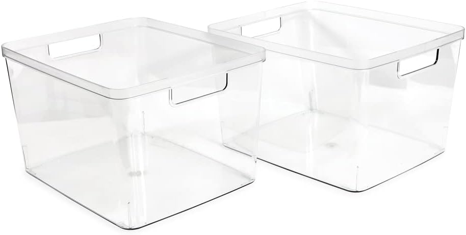 2-Pack Extra-Large Clear Storage Bins (11.5” L x 14” W x 9” H) w/Cutout Handles, Plastic Organizer for Home, for Kitchen, Fridge, Pantry, BPA Free, Food Safe (2-Pack, Extra-Large)