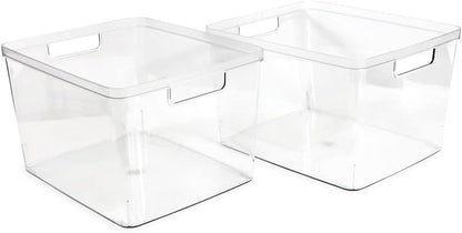 2-Pack Extra-Large Clear Storage Bins (11.5” L x 14” W x 9” H) w/Cutout Handles, Plastic Organizer for Home, for Kitchen, Fridge, Pantry, BPA Free, Food Safe (2-Pack, Extra-Large)