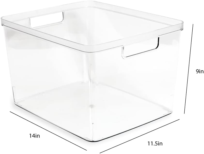2-Pack Extra-Large Clear Storage Bins (11.5” L x 14” W x 9” H) w/Cutout Handles, Plastic Organizer for Home, for Kitchen, Fridge, Pantry, BPA Free, Food Safe (2-Pack, Extra-Large)