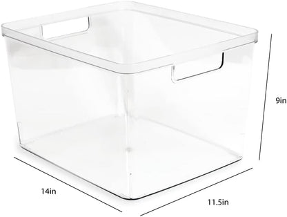 2-Pack Extra-Large Clear Storage Bins (11.5” L x 14” W x 9” H) w/Cutout Handles, Plastic Organizer for Home, for Kitchen, Fridge, Pantry, BPA Free, Food Safe (2-Pack, Extra-Large)