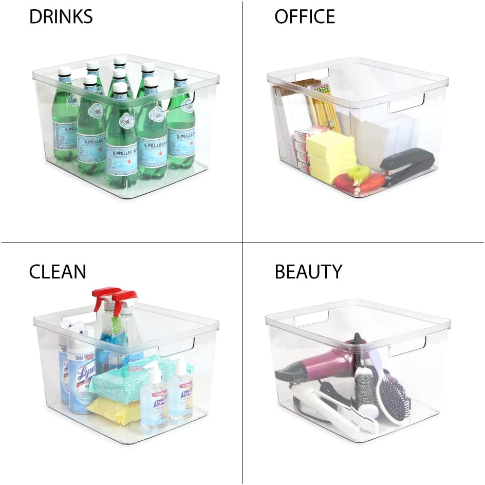 2-Pack Extra-Large Clear Storage Bins (11.5” L x 14” W x 9” H) w/Cutout Handles, Plastic Organizer for Home, for Kitchen, Fridge, Pantry, BPA Free, Food Safe (2-Pack, Extra-Large)