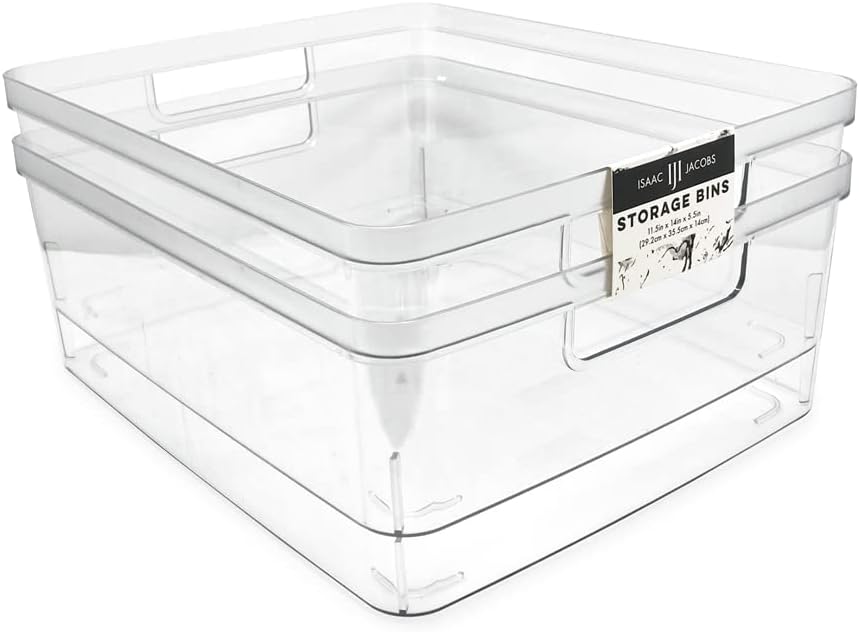 2-Pack Extra-Large Clear Storage Bins (11.5” L x 14” W x 9” H) w/Cutout Handles, Plastic Organizer for Home, for Kitchen, Fridge, Pantry, BPA Free, Food Safe (2-Pack, Extra-Large)