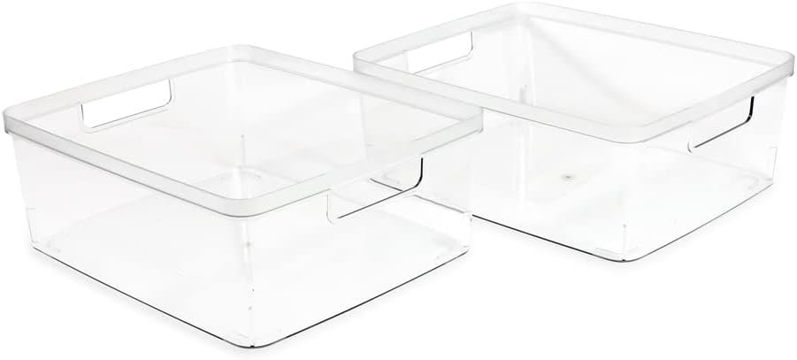 2-Pack Extra-Large Clear Storage Bins (11.5” L x 14” W x 9” H) w/Cutout Handles, Plastic Organizer for Home, for Kitchen, Fridge, Pantry, BPA Free, Food Safe (2-Pack, Extra-Large)