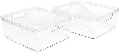 2-Pack Extra-Large Clear Storage Bins (11.5” L x 14” W x 9” H) w/Cutout Handles, Plastic Organizer for Home, for Kitchen, Fridge, Pantry, BPA Free, Food Safe (2-Pack, Extra-Large)