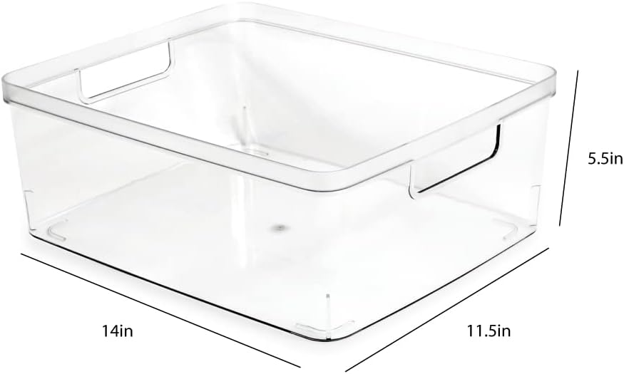 2-Pack Extra-Large Clear Storage Bins (11.5” L x 14” W x 9” H) w/Cutout Handles, Plastic Organizer for Home, for Kitchen, Fridge, Pantry, BPA Free, Food Safe (2-Pack, Extra-Large)
