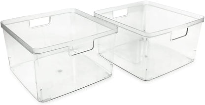 2-Pack Extra-Large Clear Storage Bins (11.5” L x 14” W x 9” H) w/Cutout Handles, Plastic Organizer for Home, for Kitchen, Fridge, Pantry, BPA Free, Food Safe (2-Pack, Extra-Large)